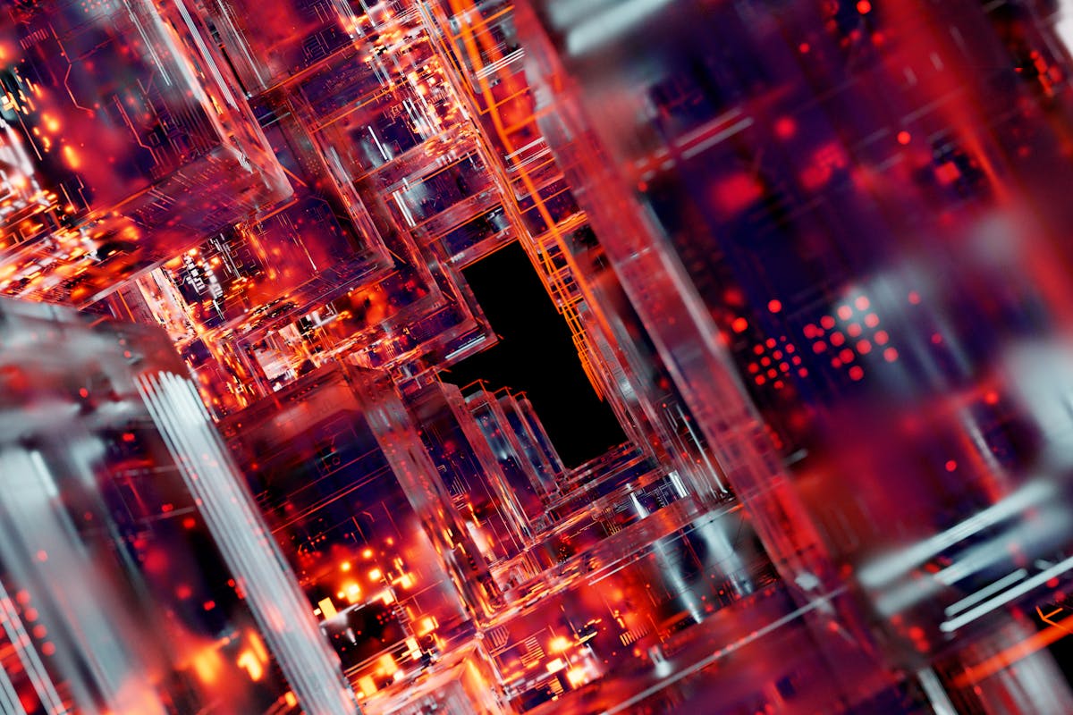 Abstract digital circuitry with glowing blue effects